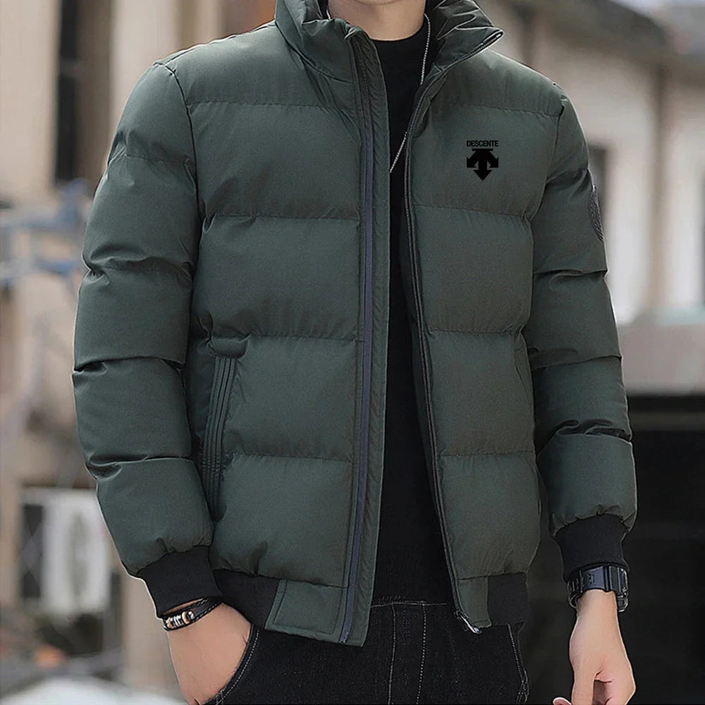 A new men's casual stand-up collar down cotton thermal jacket for winter 2026, a fashionable cotton jacket for outdoor sports