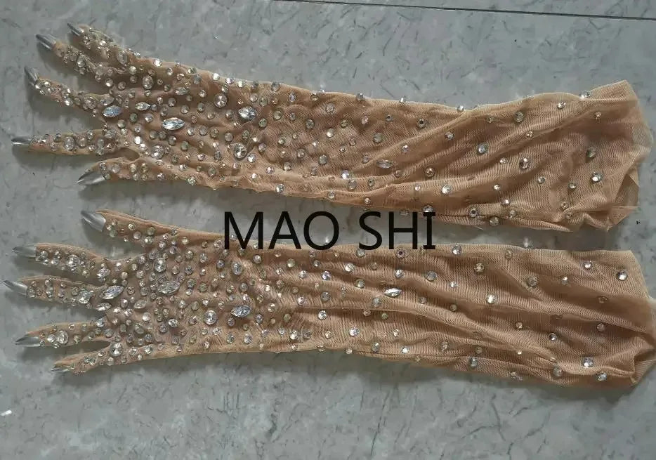 Flashing Rhinestones Halloween Jumpsuit With Gloves Sleeve Women Sexy Mesh Performance Dance Costume Nightclub Stage Outfit