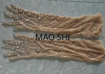 Flashing Rhinestones Halloween Jumpsuit With Gloves Sleeve Women Sexy Mesh Performance Dance Costume Nightclub Stage Outfit