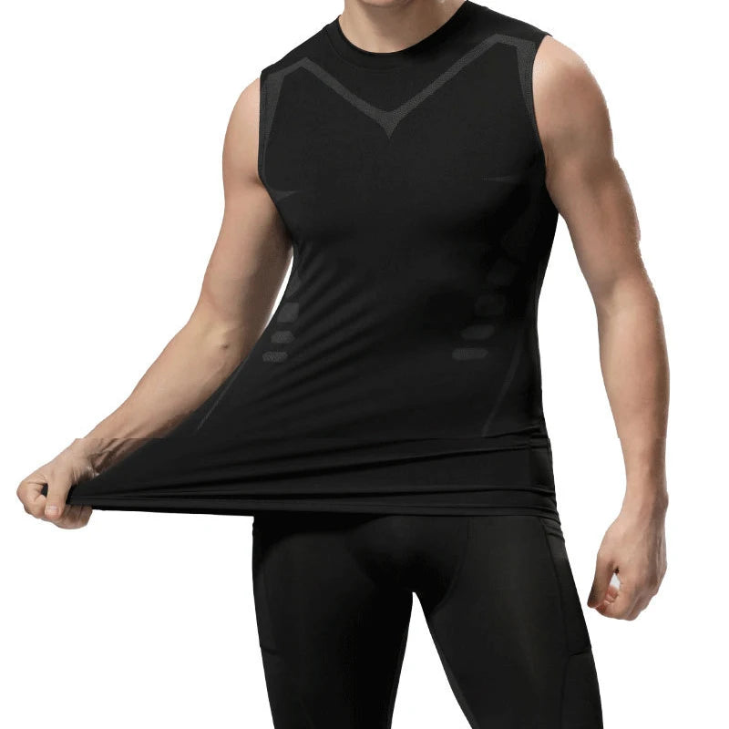 Men's sci-fi printed black vest, fashionable and casual men's quick drying T-shirt, sports and fitness round neck elastic vest