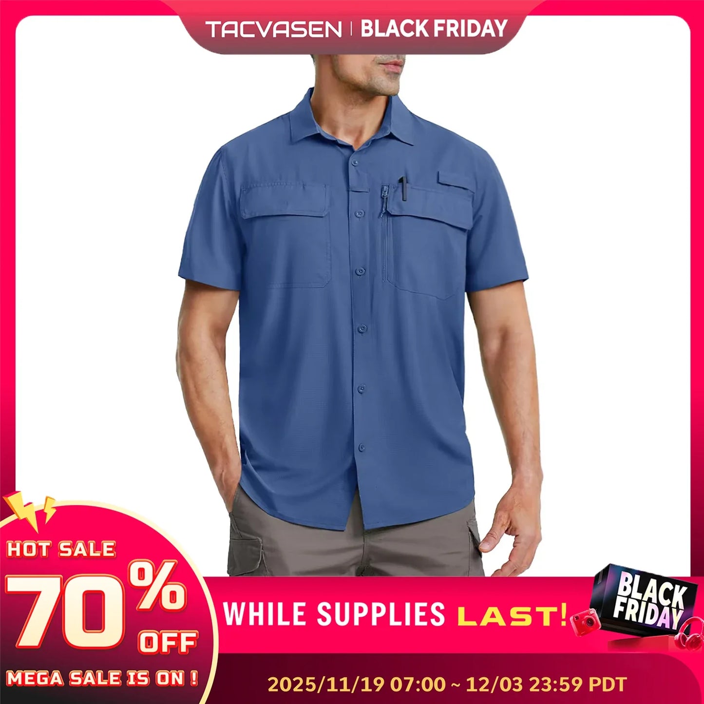 TACVASEN Quick Dry Short Sleeve Shirts Men's UPF 50+ Sun Protection Work Cargo Shirts Mesh Breathable Hiking Fishing Shirts Man