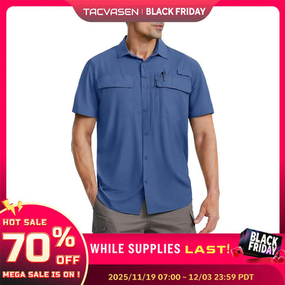 TACVASEN Quick Dry Short Sleeve Shirts Men's UPF 50+ Sun Protection Work Cargo Shirts Mesh Breathable Hiking Fishing Shirts Man