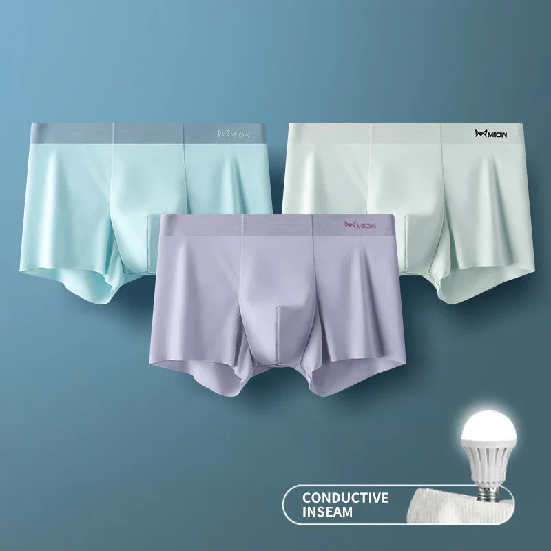 MIIOW 3Pcs Ice Silk Man Underwear Boxer Metal Fiber Antistatic Men Underpants Seamless Cut Hem Men's Panties Boxers Shorts Trunk