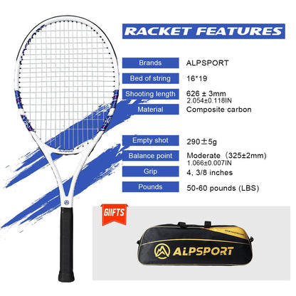 ALPSPORT Carbon Fiber Tennis Racket T800 18K-Professional Grade with Bag&Strap Lightweight Training Racquet for Adults Men&Women