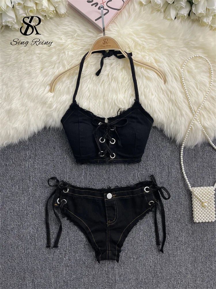SINGREINY Retro Women Bikini Denim Suits Summer Halter Camis+ Mini Pant Lingerie Fashion Vacation Swimsuits Sexy Bra&Briefs Sets