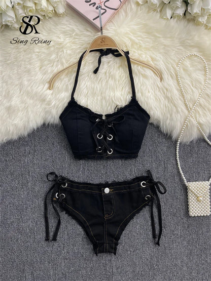 SINGREINY Retro Women Bikini Denim Suits Summer Halter Camis+ Mini Pant Lingerie Fashion Vacation Swimsuits Sexy Bra&Briefs Sets