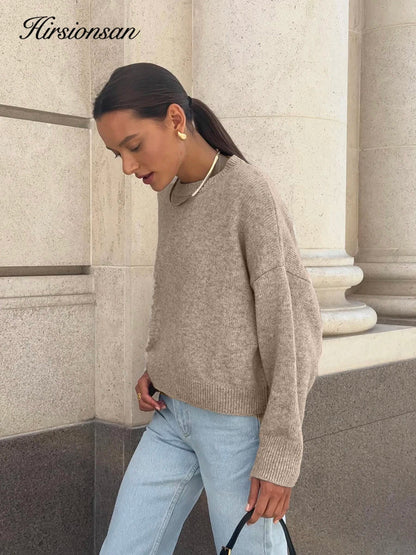 Hirsionsan Basic O Neck Basic Sleeve Sweater Women 2025 Oversized Short Knitted Pullovers Female Casual Thick Warm Soft Tops