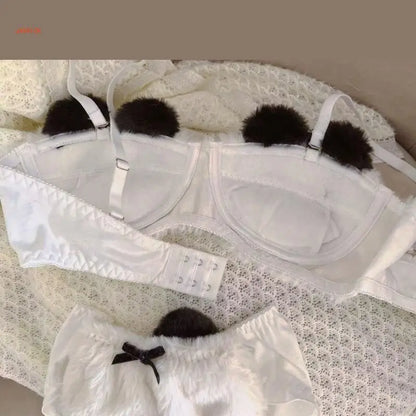 Women's Cartoon Panda Pattern Winter Lingerie Furry Plush Bra and Panty Set School Girl Japanese Anime Cosplay Underwear