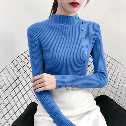 2025 Autumn Knitted Turtleneck Sweaters Women Solid Knitted Female Cotton Soft Elastic Color Slim Pullovers Button Full Sleeve