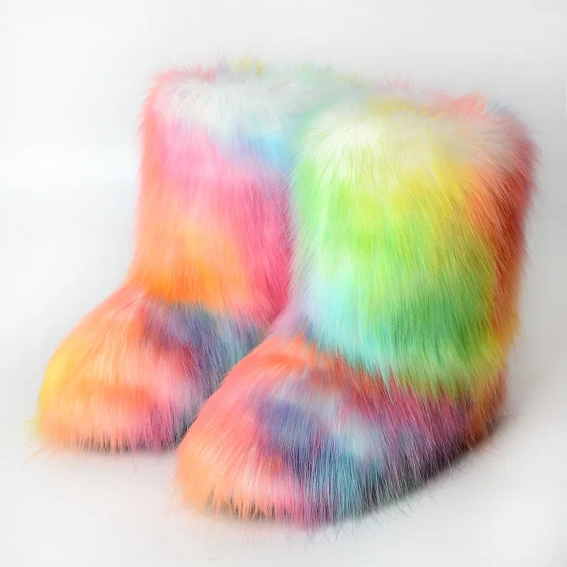Women Faux Fur Boots Winter Fluffy Plush Warm Mid Calf Snow Boots Luxury Fashion Furry Boots Comfortable Outdoor Flat Shoes