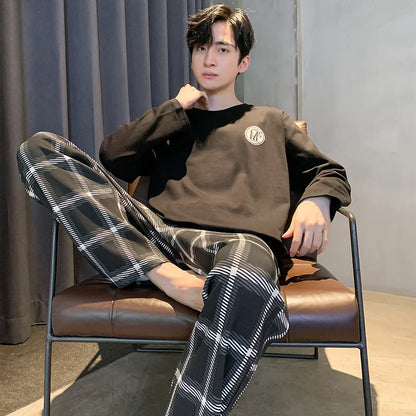 Spring Autumn Plus 4XL Knitted Men's Sleepwear Letter Lattice Pajamas Plaid Pajamas Sets Casual Loungewear Pyjamas Night Fashion