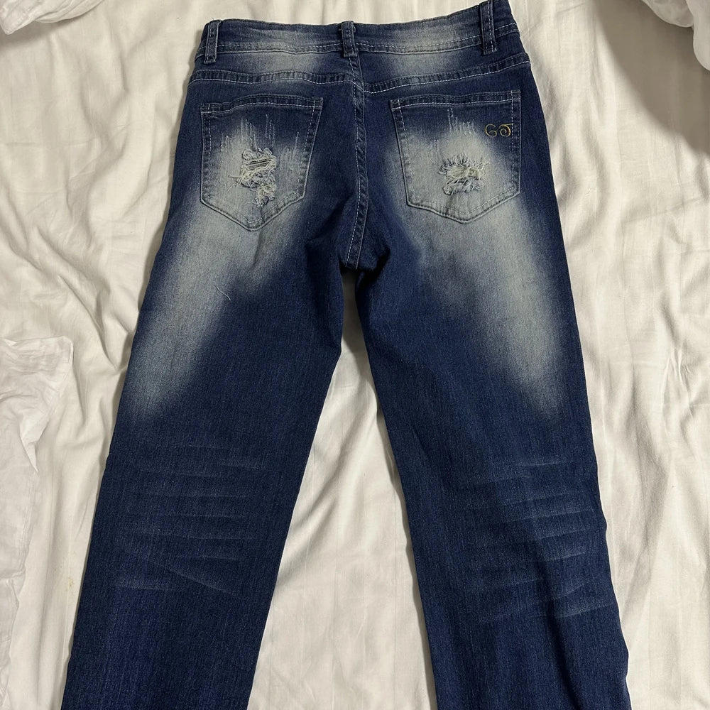 Women Vintage Washed Ripped Jeans Y2K American Retro Low Rise Slim Denim Pants Streetwear 2000s 90s Trousers Bell Bottom