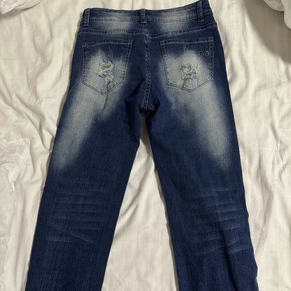 Women Vintage Washed Ripped Jeans Y2K American Retro Low Rise Slim Denim Pants Streetwear 2000s 90s Trousers Bell Bottom