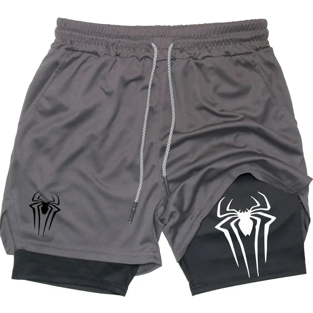 Y2K Performance Shorts Men Spider Printed GYM Casual Sports Compression Shorts Workout Running Mesh 2 In 1 Sport Short Pants