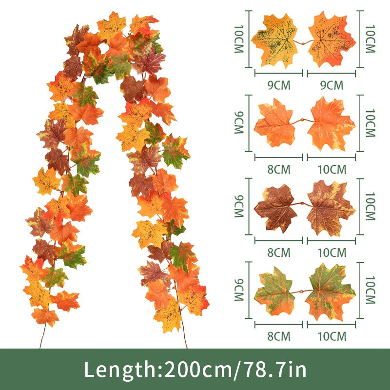 2M Artificial Maple Leaf Garland Fake Fallen Leaves Autumn Decor Rattan for Thanksgiving Halloween Festivals Wedding Xmas Decor