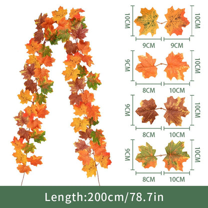 2M Artificial Maple Leaf Garland Fake Fallen Leaves Autumn Decor Rattan for Thanksgiving Halloween Festivals Wedding Xmas Decor