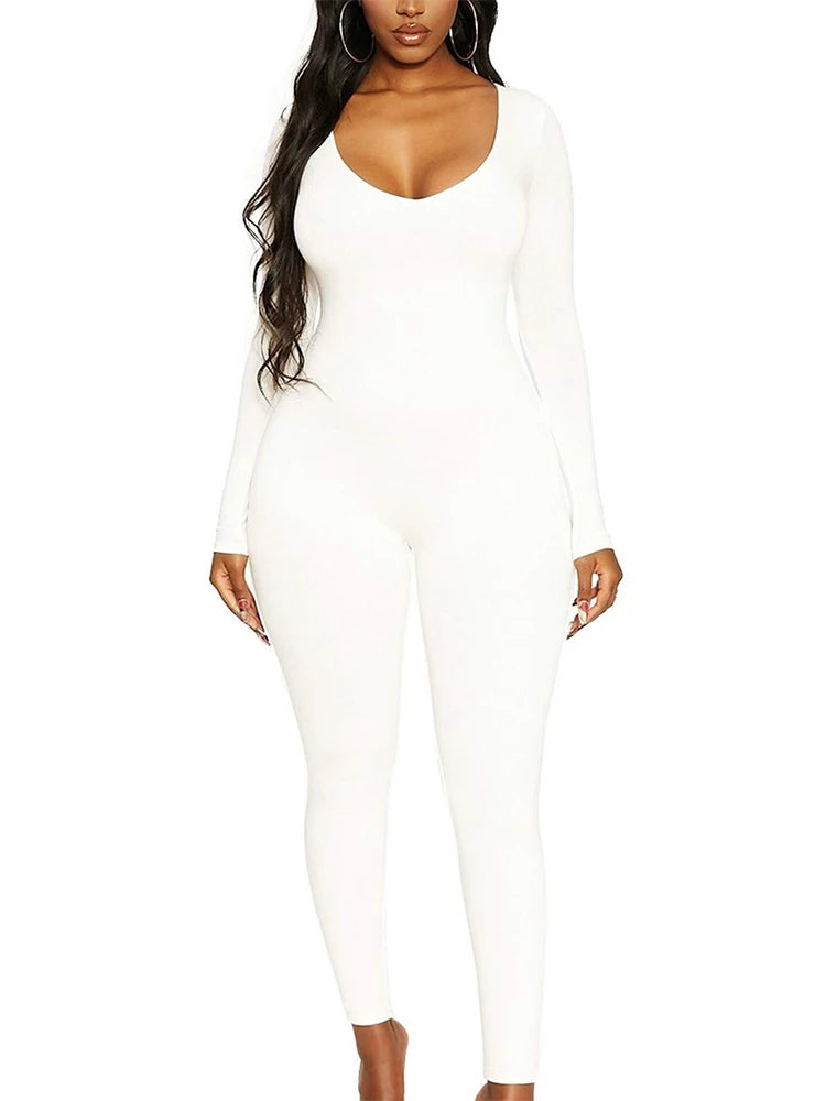 Spring Summer New Women's Long Sleeve Solid Color Skinny Jumpsuit Fashion Sports Fitness Pullover Casual Wear