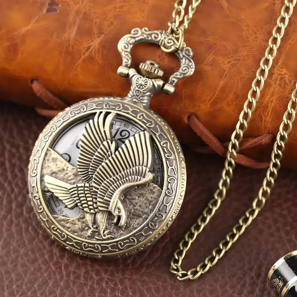 Vintage Necklace Pendant Steampunk Bronze Metal Eagle Antique Nostalgic Gift Pocket Watch with Chain