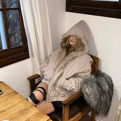 American Harajuku Warm Jacket Mens and Womens Retro Simple Plush Jacket with New Loose Leather Motorcycle Punk Fur Collar Jacket