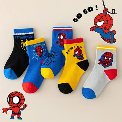 5 Pairs MARVEL Spiderman Children's Socks Kawaii Soft Anime Socks Kids Boys Socks MiddleTube Cartoon Baby Socks 1-12 Y