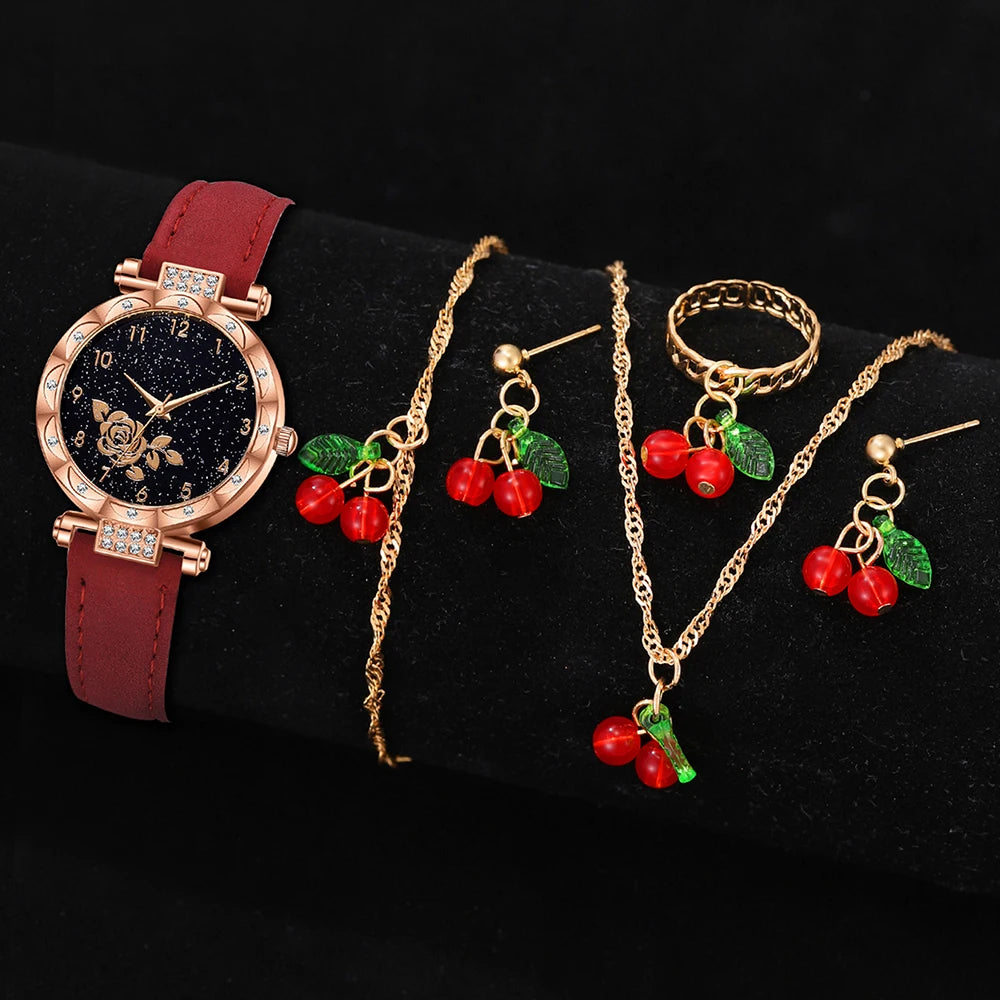 6PCS/Set Red Women's Watch With Minimalist Elements Dial Quartz Watch Latex Strap Cherry Elements Jewelry Set Girl's Gift