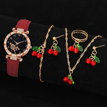 6PCS/Set Red Women's Watch With Minimalist Elements Dial Quartz Watch Latex Strap Cherry Elements Jewelry Set Girl's Gift