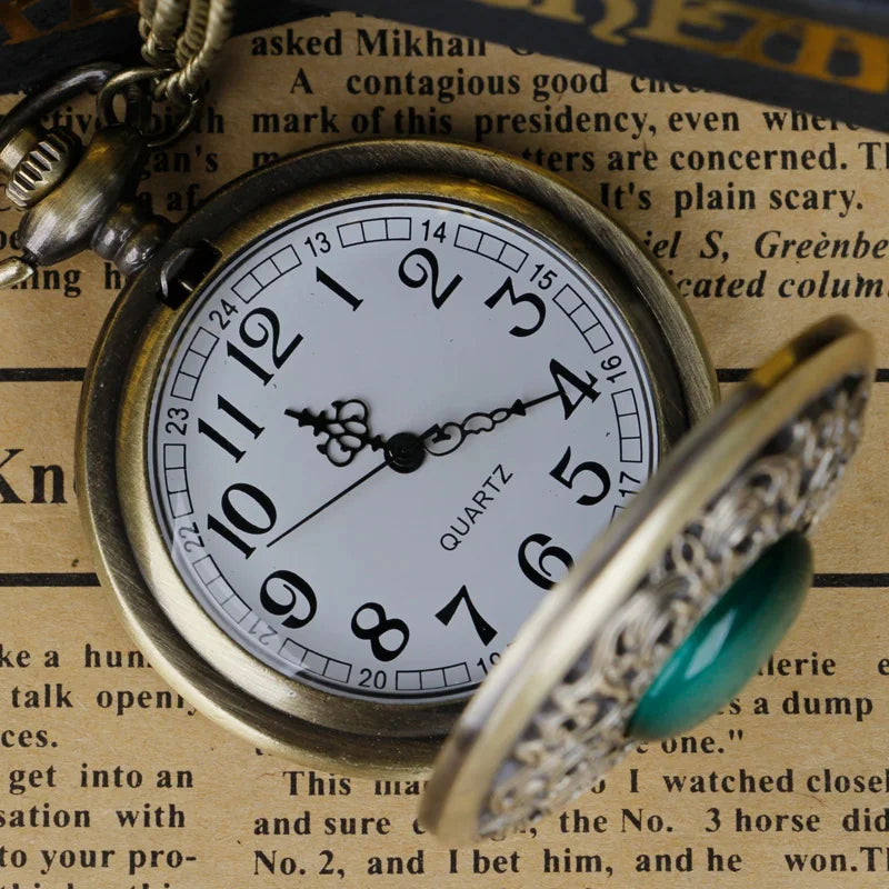Vintage Arabic numerals face hollowed-out carving jade quartz pocket watch Bronze elegant style ladies gift clothing accessories