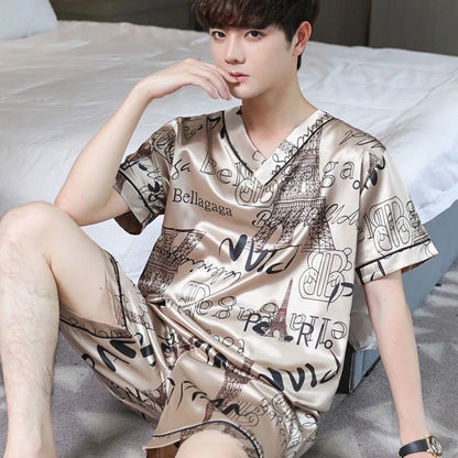 Large Size Men Homewear Ice Silk Short-Sleeved Shorts Student Pajamas Korean Version with Letters Loose 3xl Short-Sleeved Two-Pi