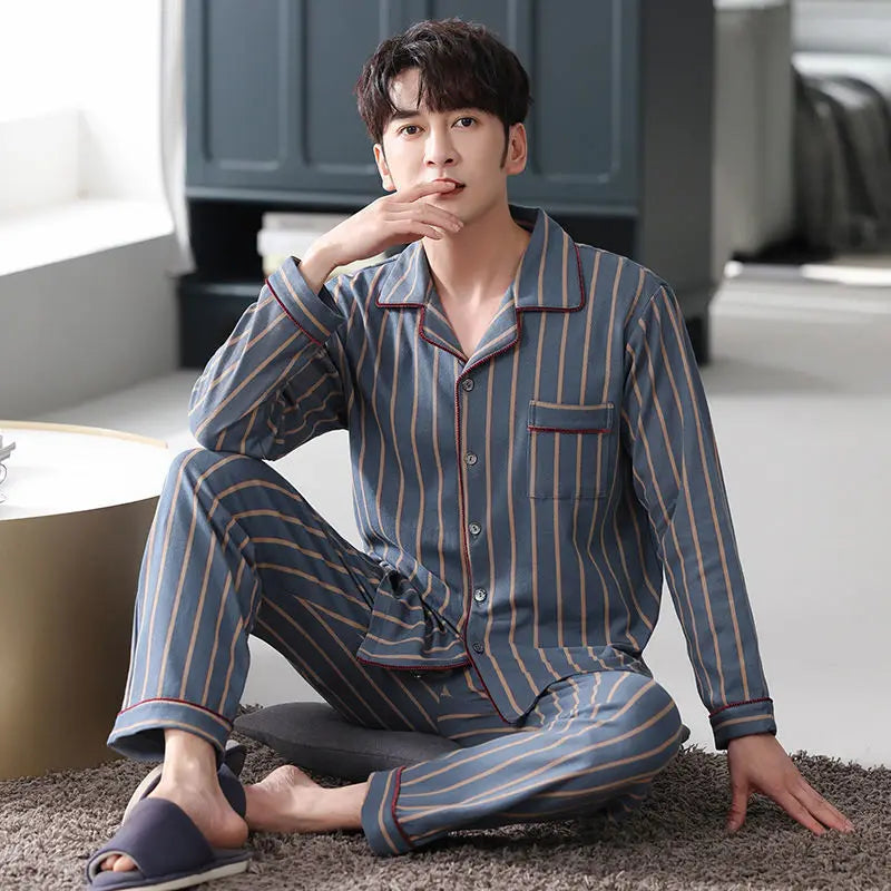 Cotton Men's Fall and Winter Long-Sleeved Long Pants Middle-Aged Thin Section of Pajamas Sleepwear Homewear Suit Loungewear