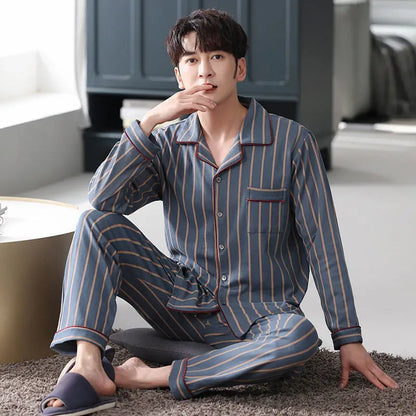 Cotton Men's Fall and Winter Long-Sleeved Long Pants Middle-Aged Thin Section of Pajamas Sleepwear Homewear Suit Loungewear