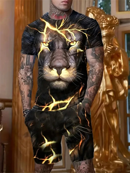 New Men's Sports Suit 3D Three-Dimensional Lion Print Short-Sleeved Outdoor Travel Leisure Two-Piece Suit Plus Size Clothing