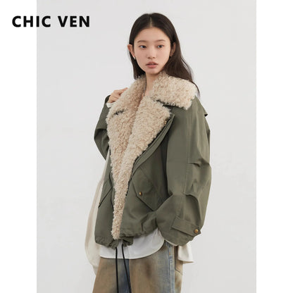 CHIC VEN Women Coats Streetwear Loose Casual New Retro Motorcycle Cotton Jacket Thick Warm Female Overcoat Autumn Winter 2024