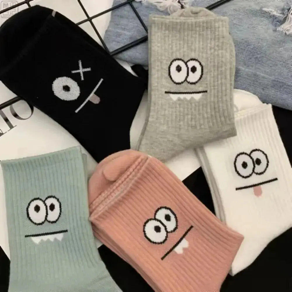 5/10 Pairs Women's Cute Expression Printed Ankle Socks Comfort Interesting Spring Autumn Medium Tube Sock Girls' Short Socks