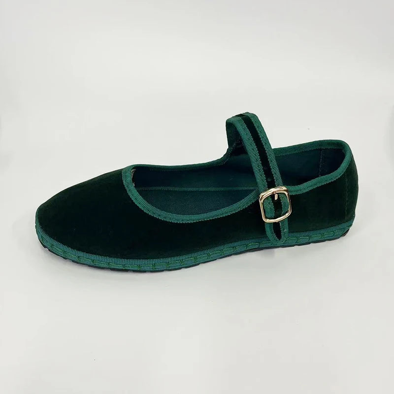 Flannel Flats Women Shoes Hand Stitch Mary Janes Ballet Casual Shoes Ladies Elegant Buckle Closure Velvet Loafers Dark Green