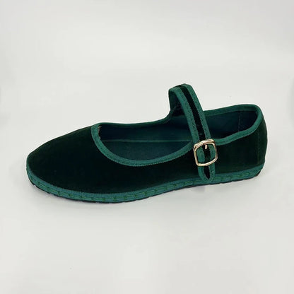 Flannel Flats Women Shoes Hand Stitch Mary Janes Ballet Casual Shoes Ladies Elegant Buckle Closure Velvet Loafers Dark Green