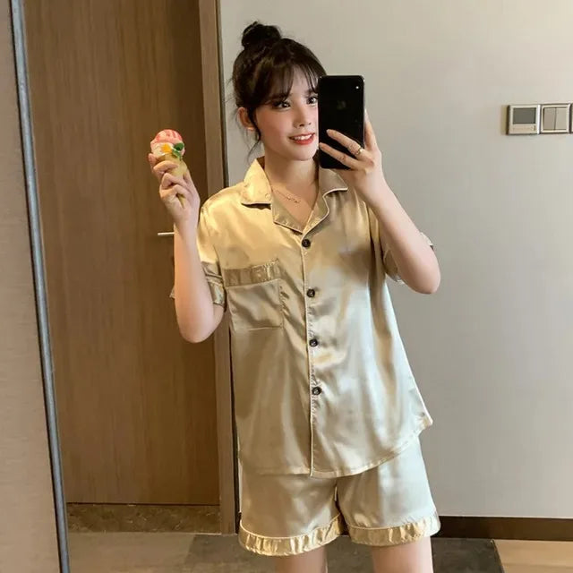 Solid Color Sleepwear Silk Satin Pajamas Couple Set Short-sleeved Pyjamas Suit Pijama Women Men Loungewear Plus Size Pj Set