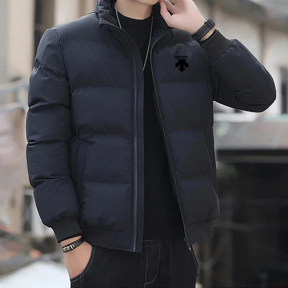 A new men's casual stand-up collar down cotton thermal jacket for winter 2026, a fashionable cotton jacket for outdoor sports