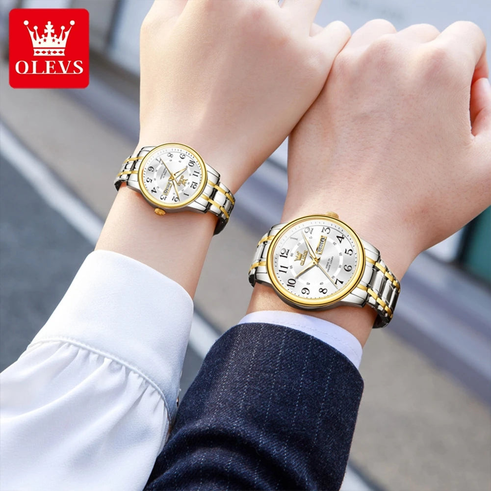 OLEVS 2891 Original Quartz Couple Watch Brand Luxury Double Calendar Waterproof Date Clock His and Her Watch Gift Couple Watch