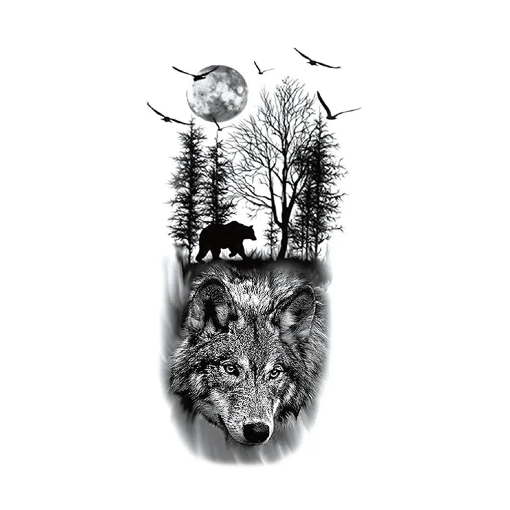 Waterproof Temporary Tattoo Sticker Realistic Animal Forest Wolf Bear Bird Moon Body Art Arm Fake Tattoos Sleeve Women Men Leg