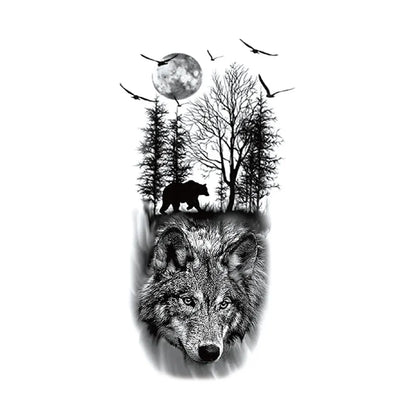 Waterproof Temporary Tattoo Sticker Realistic Animal Forest Wolf Bear Bird Moon Body Art Arm Fake Tattoos Sleeve Women Men Leg