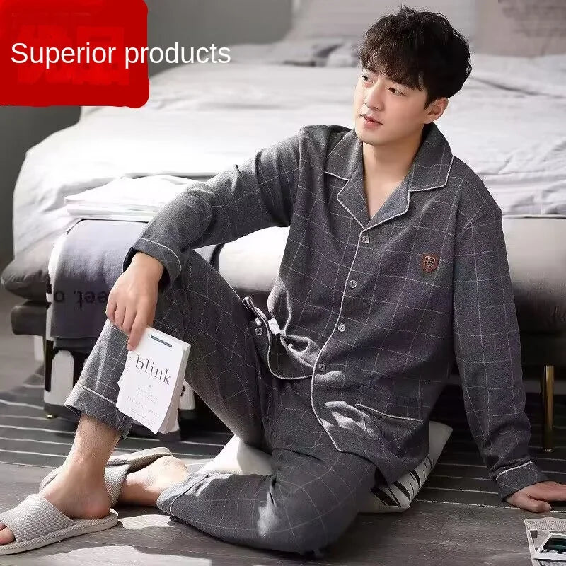 Cotton Men's Fall and Winter Long-Sleeved Long Pants Middle-Aged Thin Section of Pajamas Sleepwear Homewear Suit Loungewear