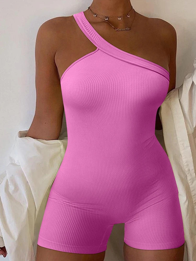 Women's Yoga Rompers One Piece Tummy Control Seamless Ribbed Jumpsuit One Shoulder One Piece Fashion Fitness Sportwear