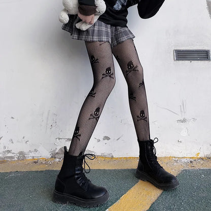 Kawaii Gothic Hollow Out Pantyhose Lolita Bow Knot Fishnet Stockings Women Spicy Girl Black White Sexy Thin Ins Tide Lace Tights