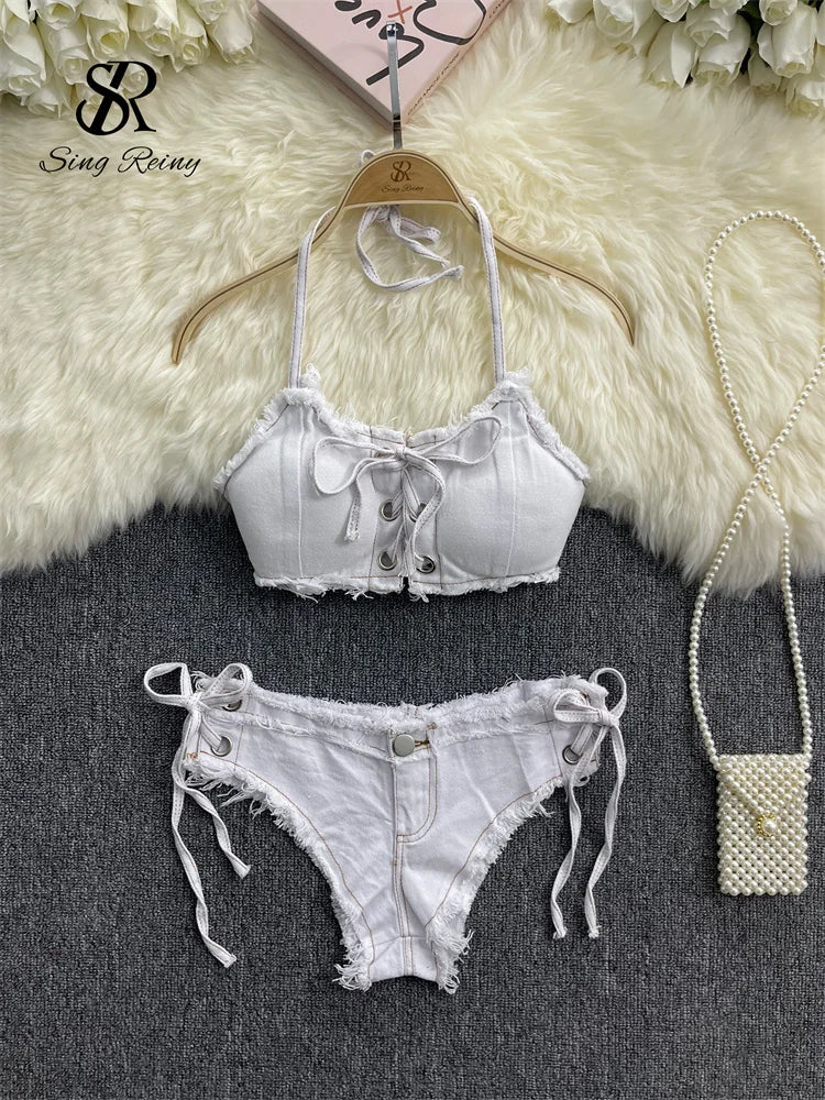 SINGREINY Retro Women Bikini Denim Suits Summer Halter Camis+ Mini Pant Lingerie Fashion Vacation Swimsuits Sexy Bra&Briefs Sets