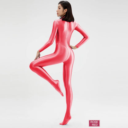2023 AMORESY Women's Catsuit Playsuits Wetlook Shiny Glossy Tights Zipper Leotards Fullbody Overall Zentai Jumpsuits