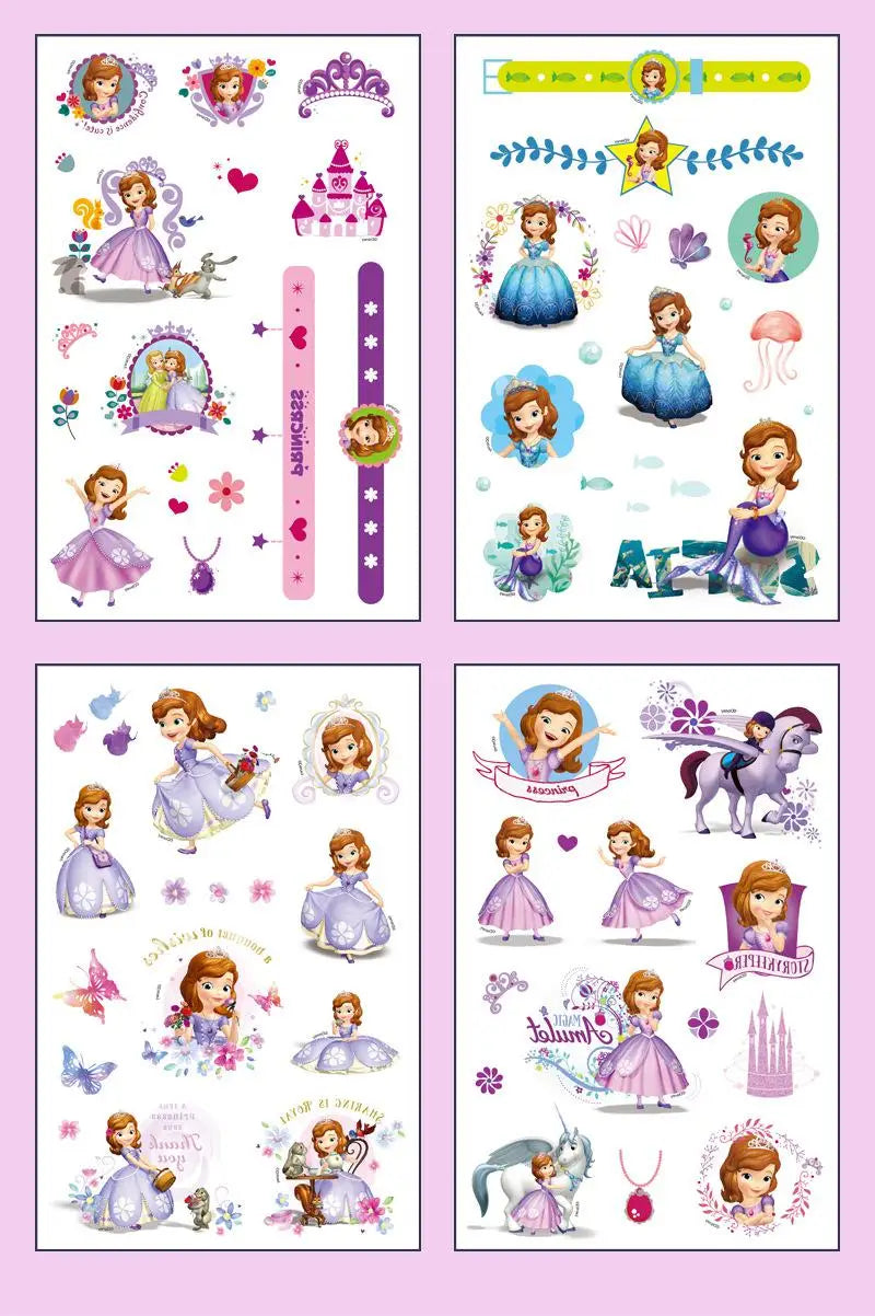 4Pcs/set Tattoo stickers Disney Stitch Princess Sofia Unicorn Frozen Action Cars Cartoon Sticker For Birthday Party Gift