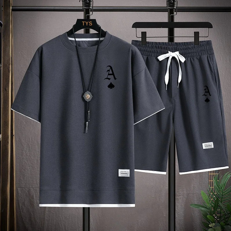 Fashionable casual men's sports suit short-sleeved T-shirt and outdoor summer sports shorts two-piece set daily casual