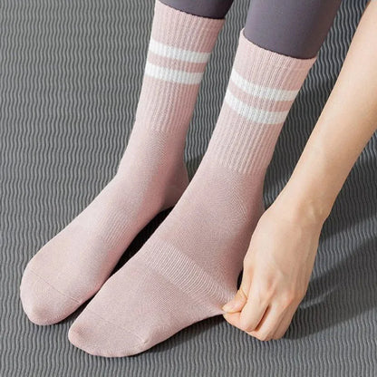 4 Pairs of Mid Tube Double Bar Striped Yoga Socks Anti Slip Dance Sports Breathable Socks Fitness Pilates Cotton Socks