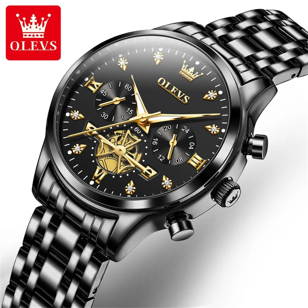 OLEVS New Flywheel Design Luxury Couple Watch Waterproof Moon Phase Chronograph Brand Original Quartz Wrist Watch for Men Women