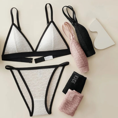 Women Lace Bra And Panties Set Non-wire Push Up Bralette Transparent Low Rise Panties Sexy Lingerie Set Female Lace Underwear